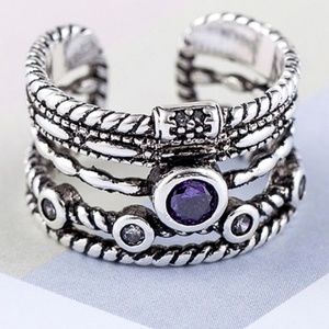 Silver Ring 925 Stamped Crystals Adjustable Wide